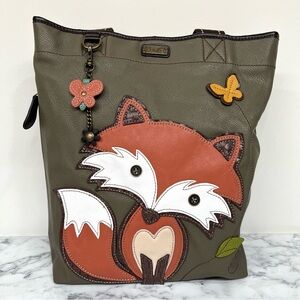 Chala Handbag Everyday Tote Novelty Fox Work Tote Vegan Leather Olive Green